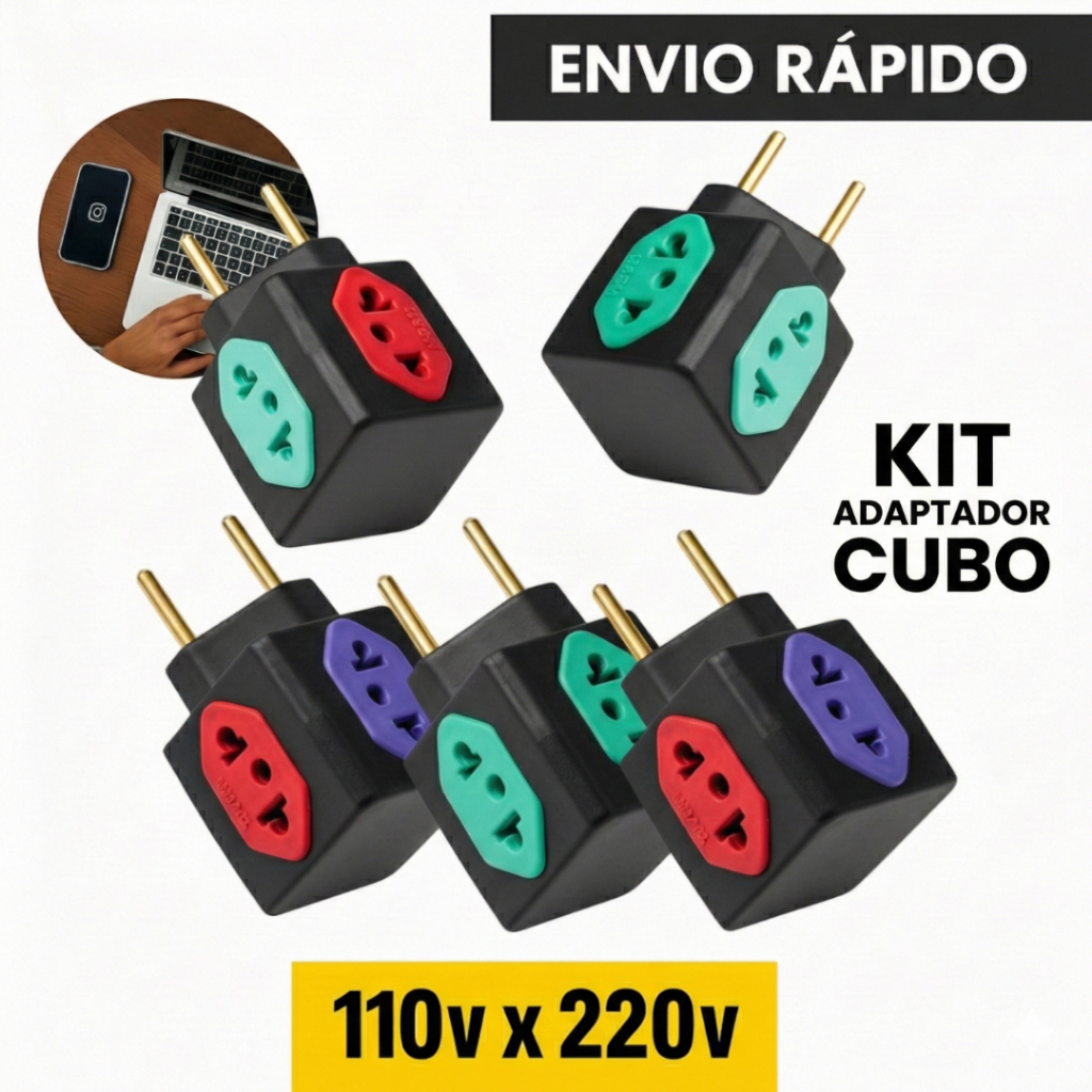 Adaptador de Tomada CUBO Kit Benjamin CUBO 10A/20A Pino Maciço Resistente 4 Tomadas Colorida