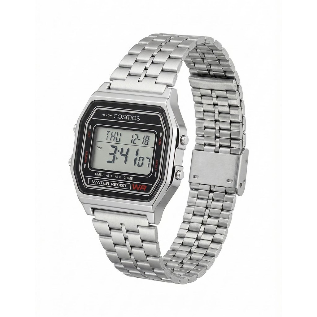 Relógio Cosmos Unissex Prateado Digital Aço Inoxidável Resistente a Agua 1 Ano de Garantia OS41566T em Oferta na Shopee