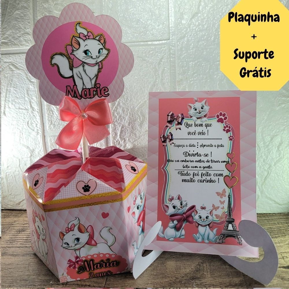 Centro de Mesa Gata Marie + Plaquinha Cachepô Personalizado Gatinha Marie Arranjo Enfeite Lembrancinha Festa Aniversário