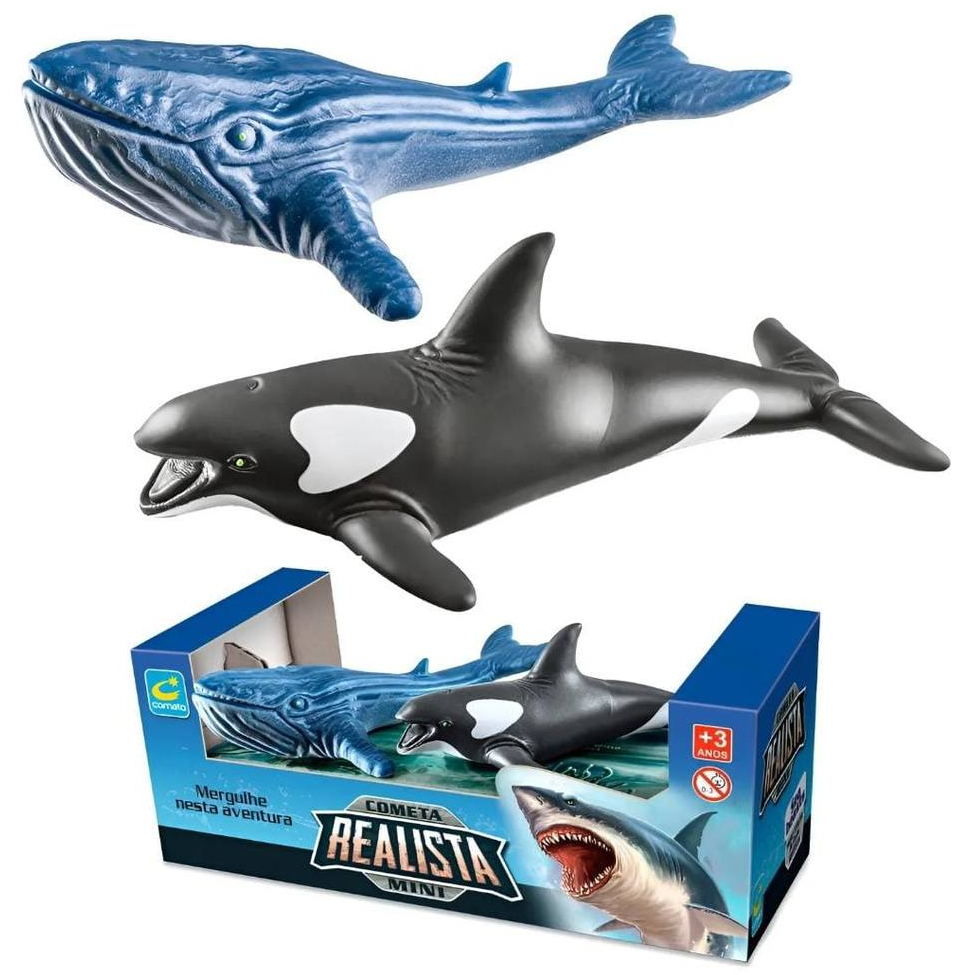 Kit 02 Brinquedos Baleias Realistas Orca e Jubarte 15cm Animais - Cometa -