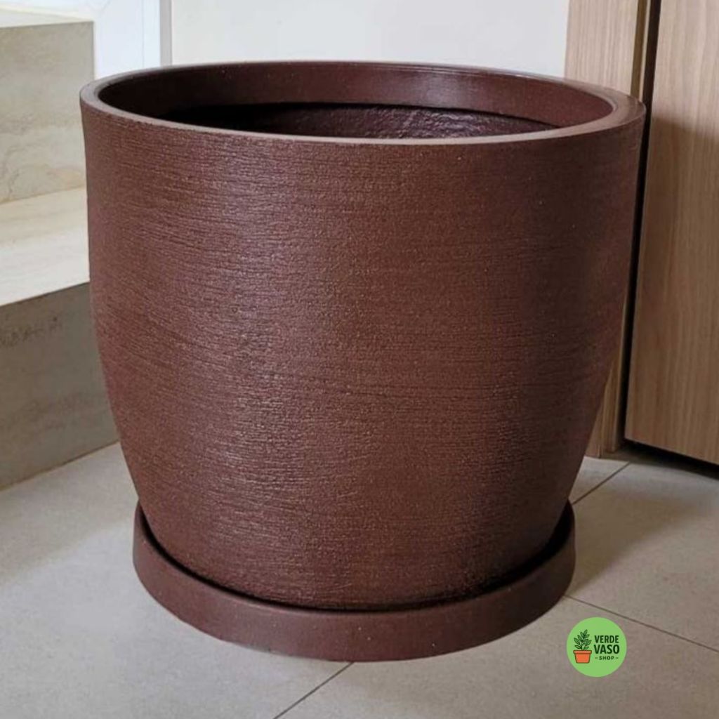 Vaso para Plantas em Plástico Polietileno Tam G com Prato Bojo Redondo Textura Grafiato