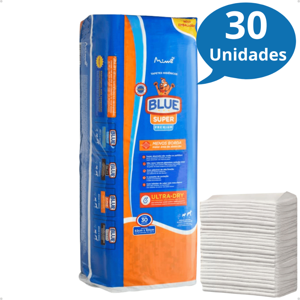 Tapete Higiênico Premium para Cachorro Ultra Absorvente Blue Super 82 x 60 cm 30 Unidades