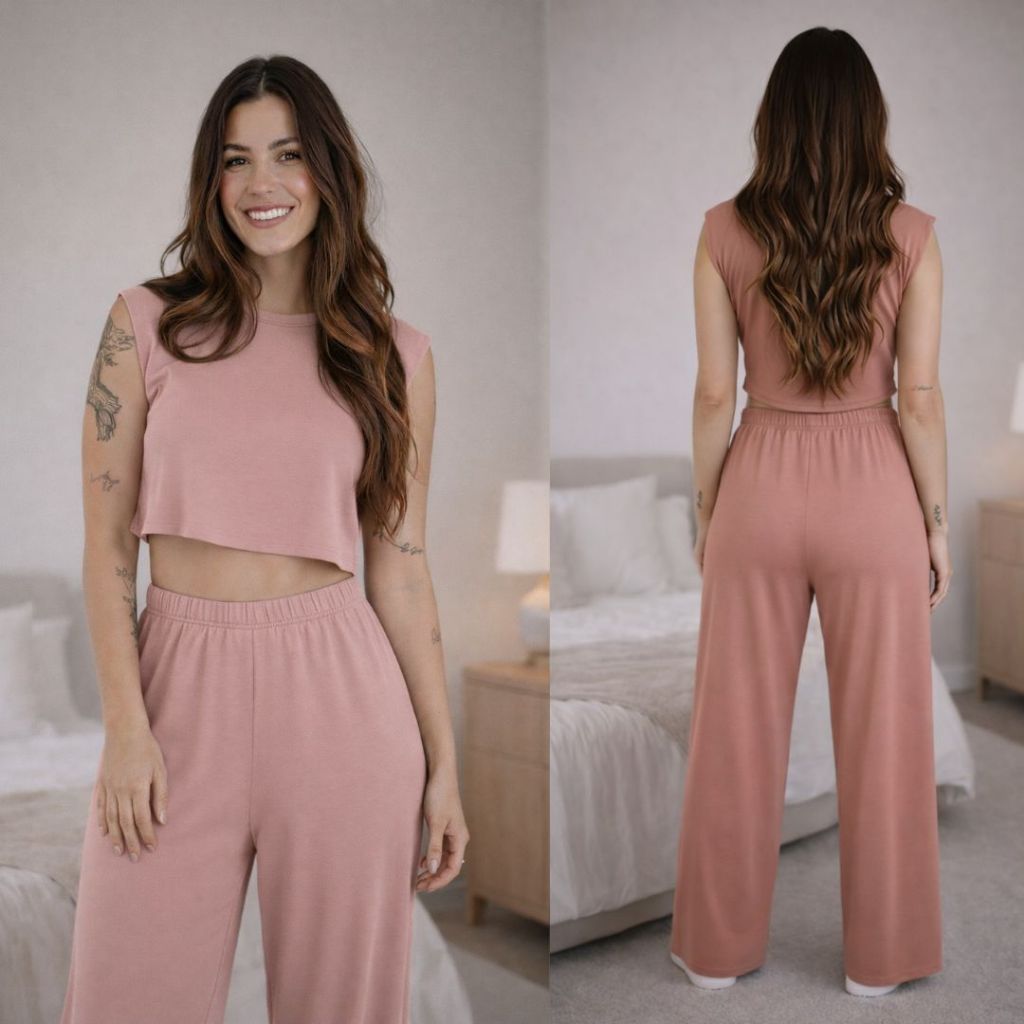 Conjunto Pijama Feminino Estiloso – Look Dormir e Sair | Confortável, Leve e Versátil Cropped e Calça em Oferta na Shopee