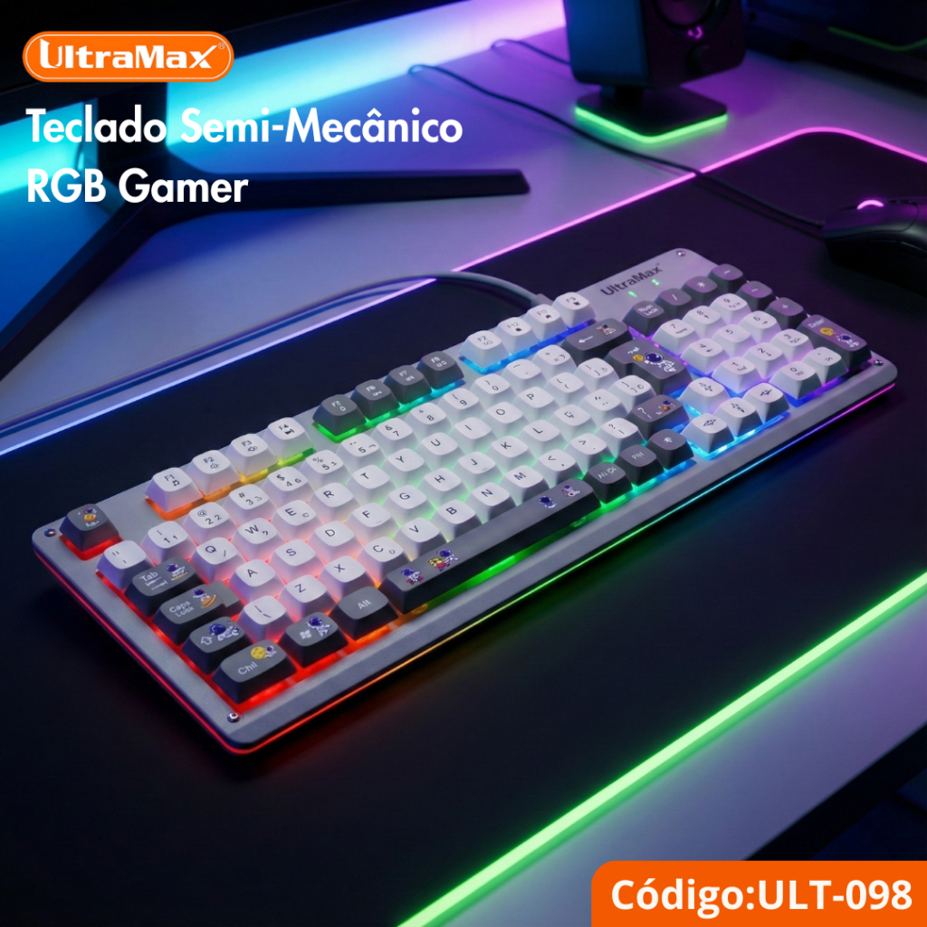 Teclado Gamer Semi-Mecânico UltraMax ULT-098 RGB ABNT2 90% 94 Teclas