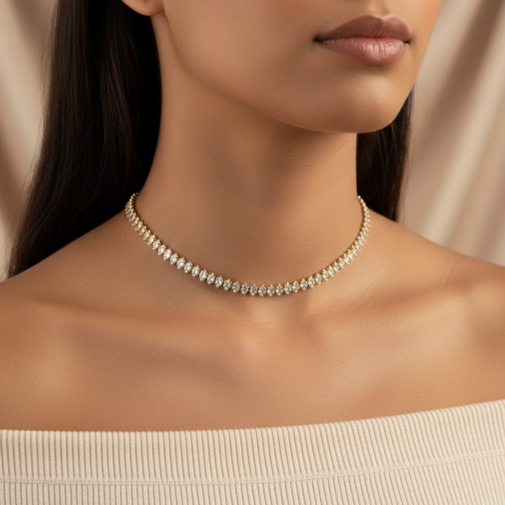 Colar Choker Feminino Riviera Navete Zircônias Delicada Banhado Ouro 18k Anti Alérgico Acessórios