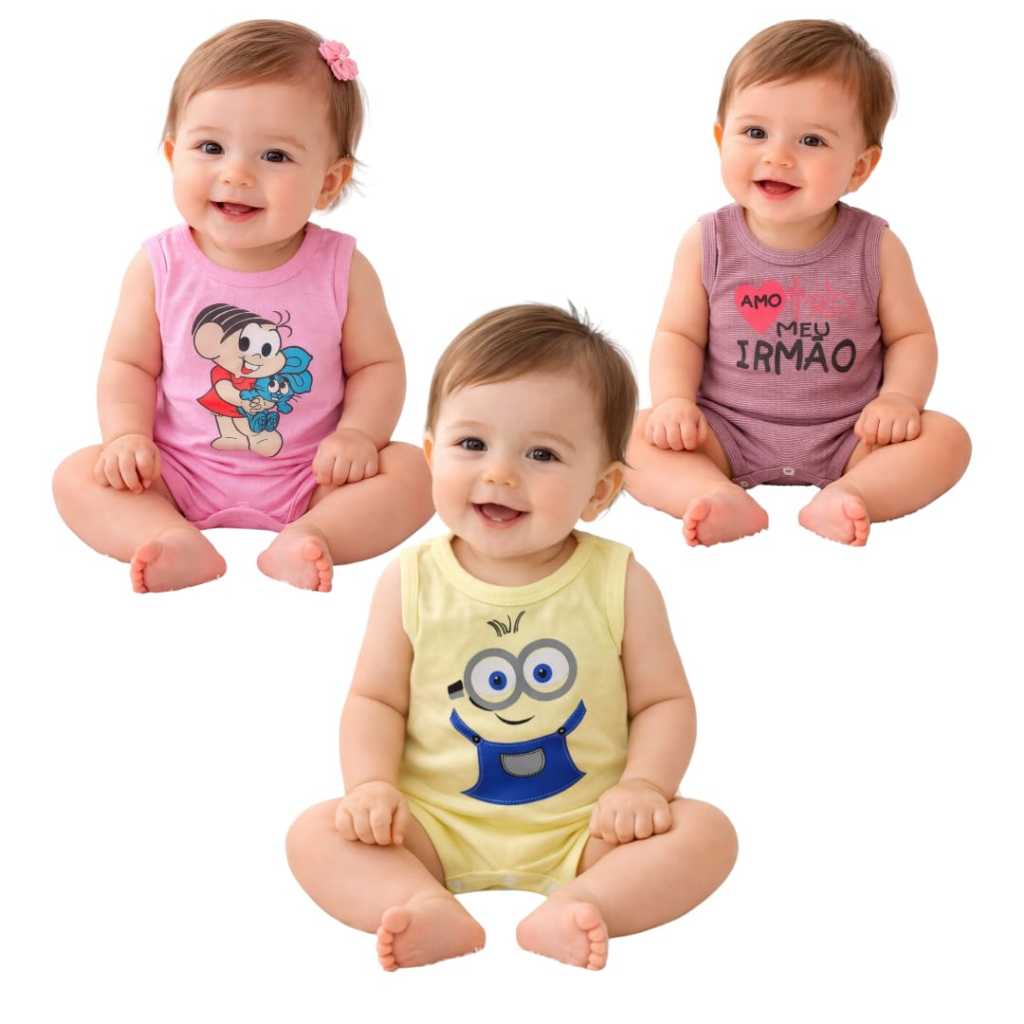 Kit 03 Peças - Macacão Curto Roupa De Bebe Verão Body Banho de Sol Macaquinho Macaquito
