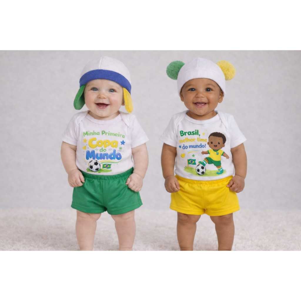 Kit 6 Peças - Copa do Mundo Para Bebê Roupa Body Short Touca Gorro Fantasia Unissex Achad…