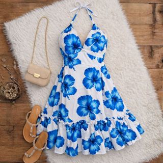 Vestido feminino alcinha e babado, alfaiataria crepe Barbie soltinho rodado moda patricinha estampado floral em Oferta na Shopee