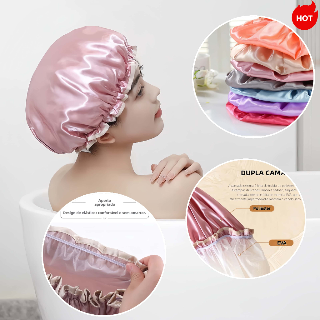 [ KIT 2 ] Touca de Banho / Cetim Dupla Camada Impermeável Lisa – Leve e Confortável