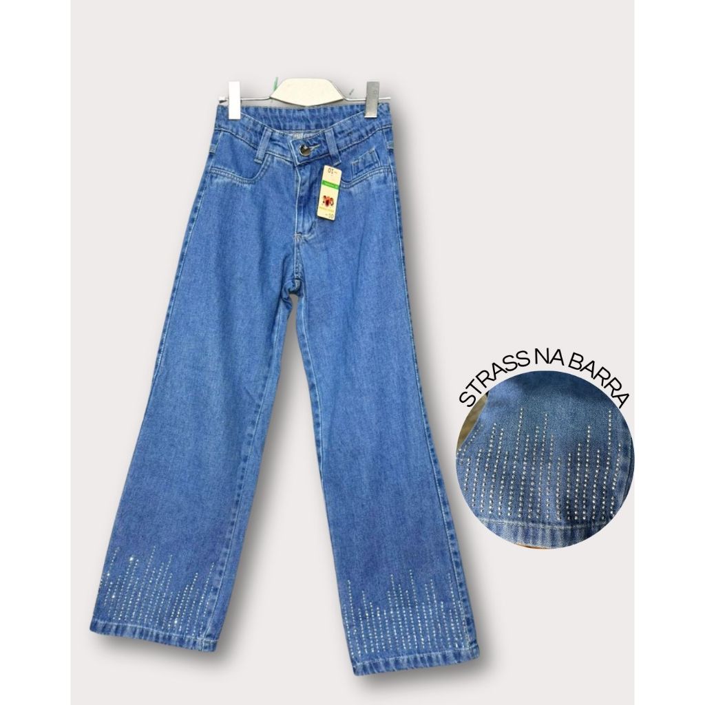 Luz Moda Infantil - Calça Jeans Wide Leg Baggy Juvenil Strass na Barra Regulagem Interna Volta as Aulas Y2K
