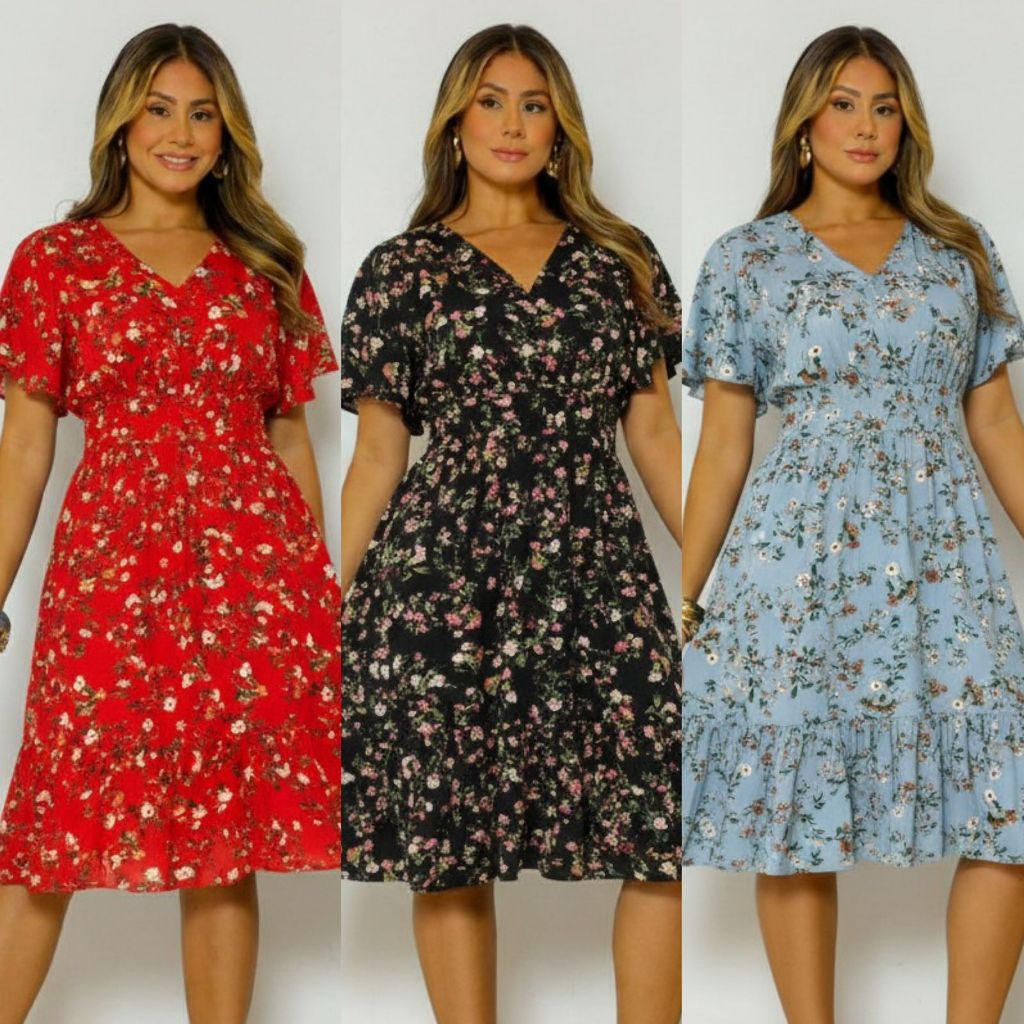 Vestido Feminino Curto com Manga Gola V Verão Soltinho Estampado Floral Liso Forro Viscolinho em Oferta na Shopee