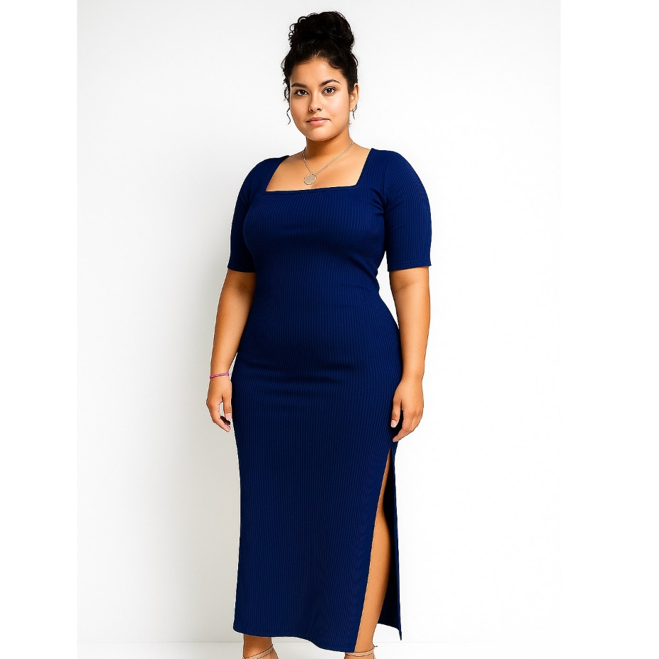 Vestido Longo Canelado com Fenda Lateral Feminino Tamanho Único e Plus Size (GGaoG3) Diversas Cores