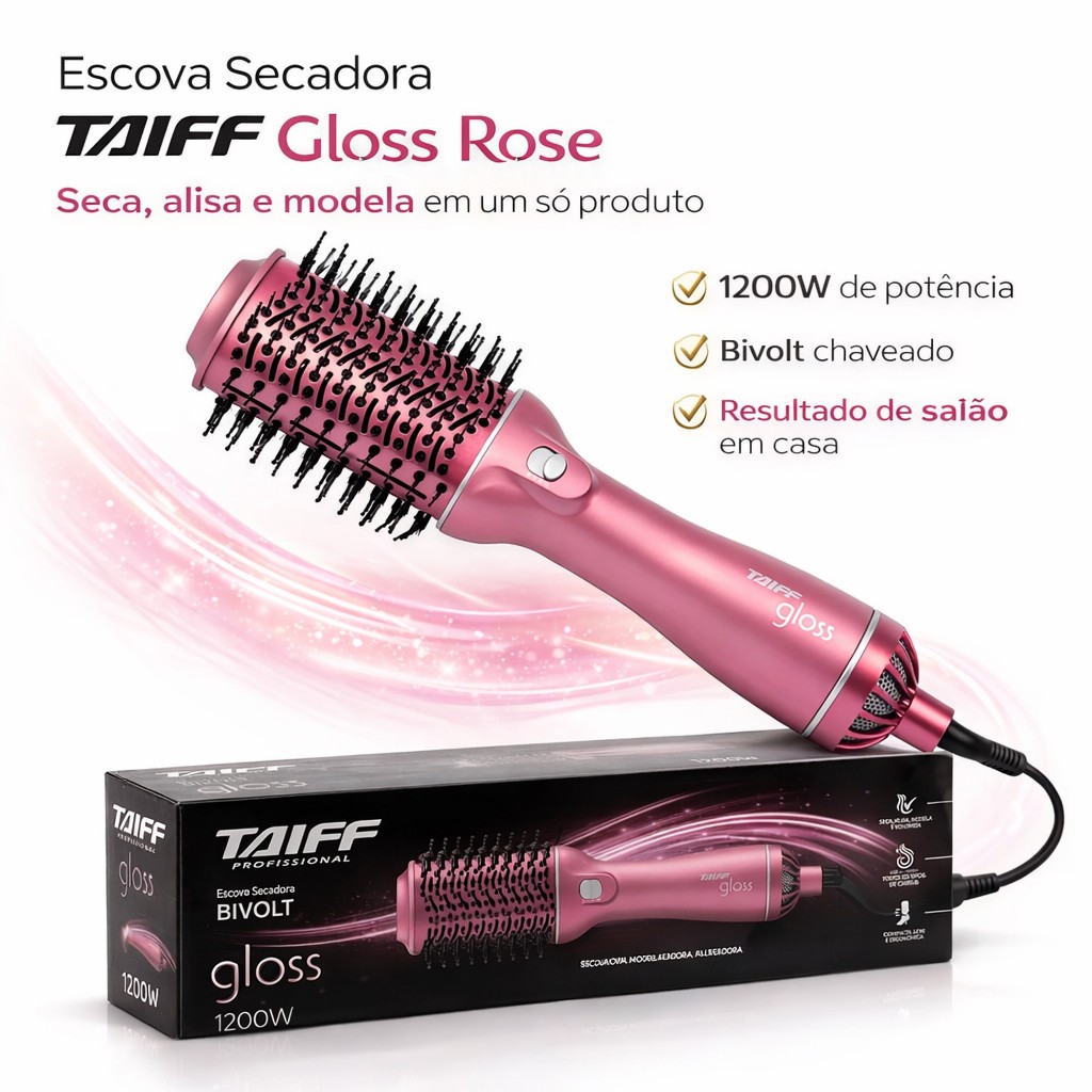 Escova Secadora Taiff Gloss, 1200W, Rosê Bivolt- Original com NF e Garantia