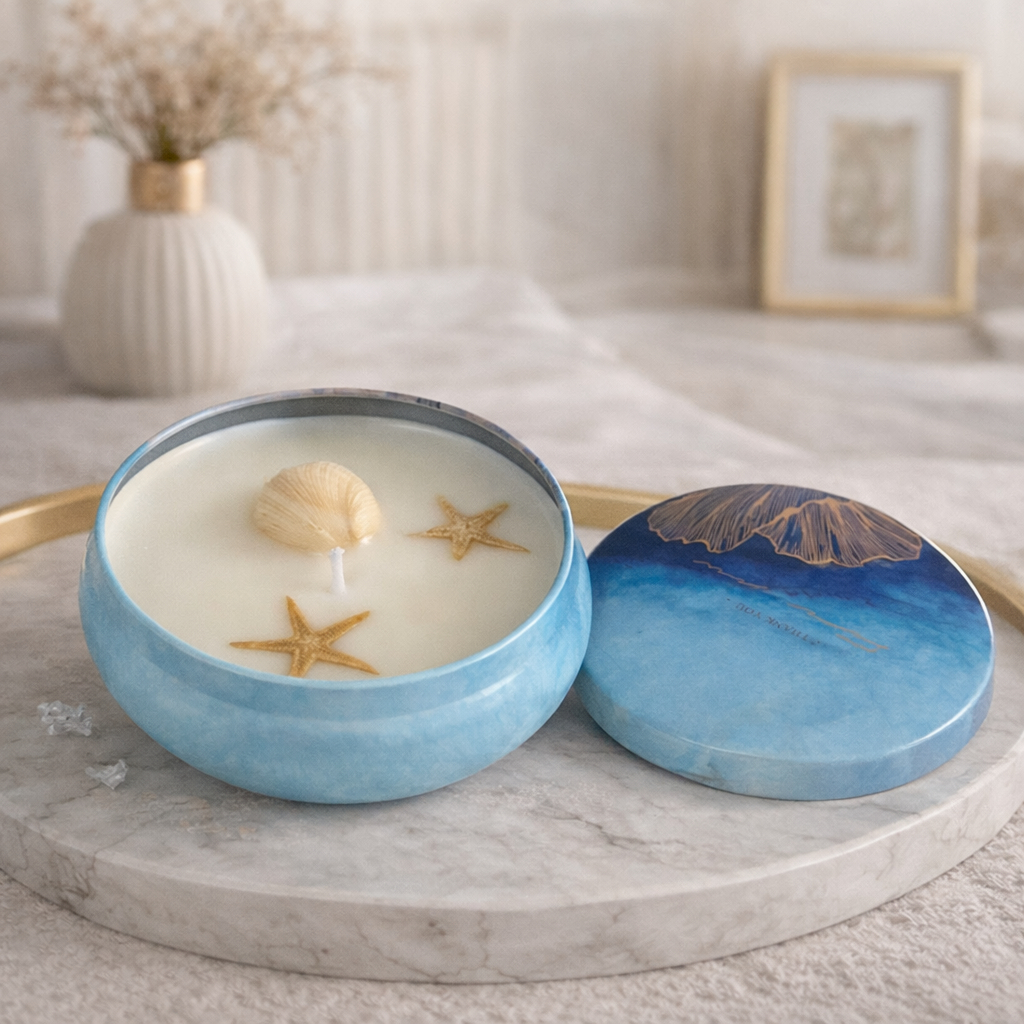 Imagem Vela Aromática 90g Decorativa Lata Marmorizada Presente Lembrancinha - Pêssego Brisa Tropical Flores Brisa do Mar