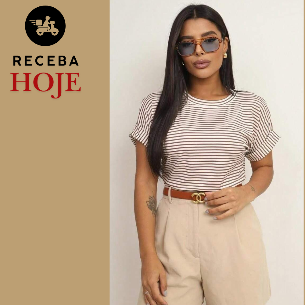 Blusa Feminina Manguinha Curta Listrada Baby Look Listra Fina  Tshirt Manga Dobrada Básica Casual