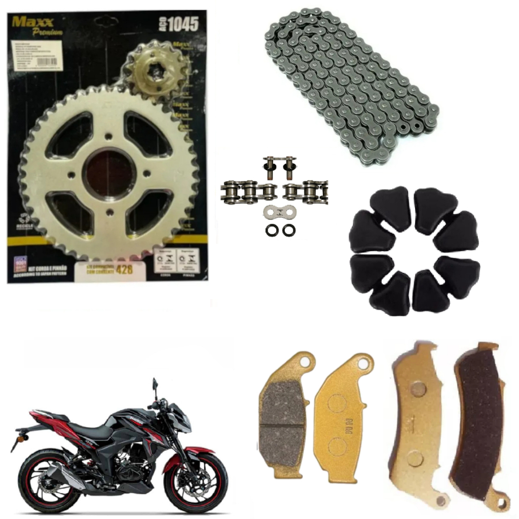 Kit relação c/ ret + coxim coroa + pastilha diant + Pastiha Tras haojue dr 160 todas 43/14 ressalto em Oferta na Shopee