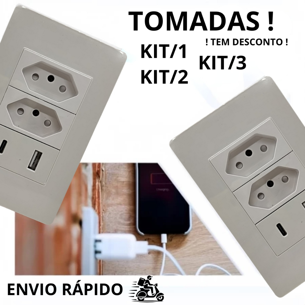 Tomada De Parede Com 2 Entrada USB E Tipo C Dupla Entrada Kits C/1,  C/2 E C/3