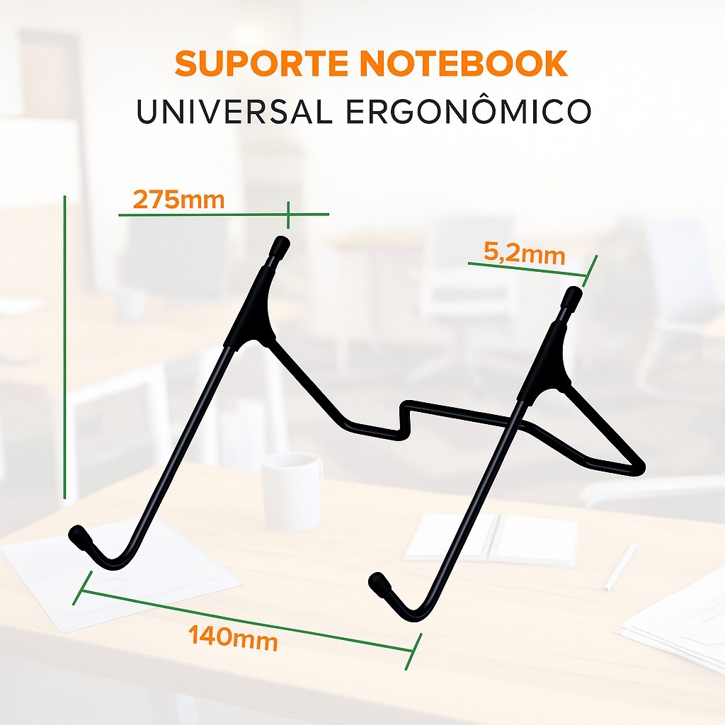 Suporte Para Notebook Compacto Leve Ergonômico Regulável Aço Preto PX12
