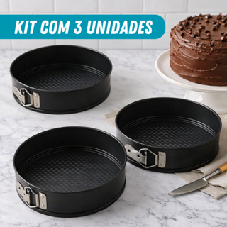 Kit 3 Formas de Bolo Redondo Torta Antiaderente com Fundo Removível  Assadeira  de Aço Carbono em Oferta na Shopee