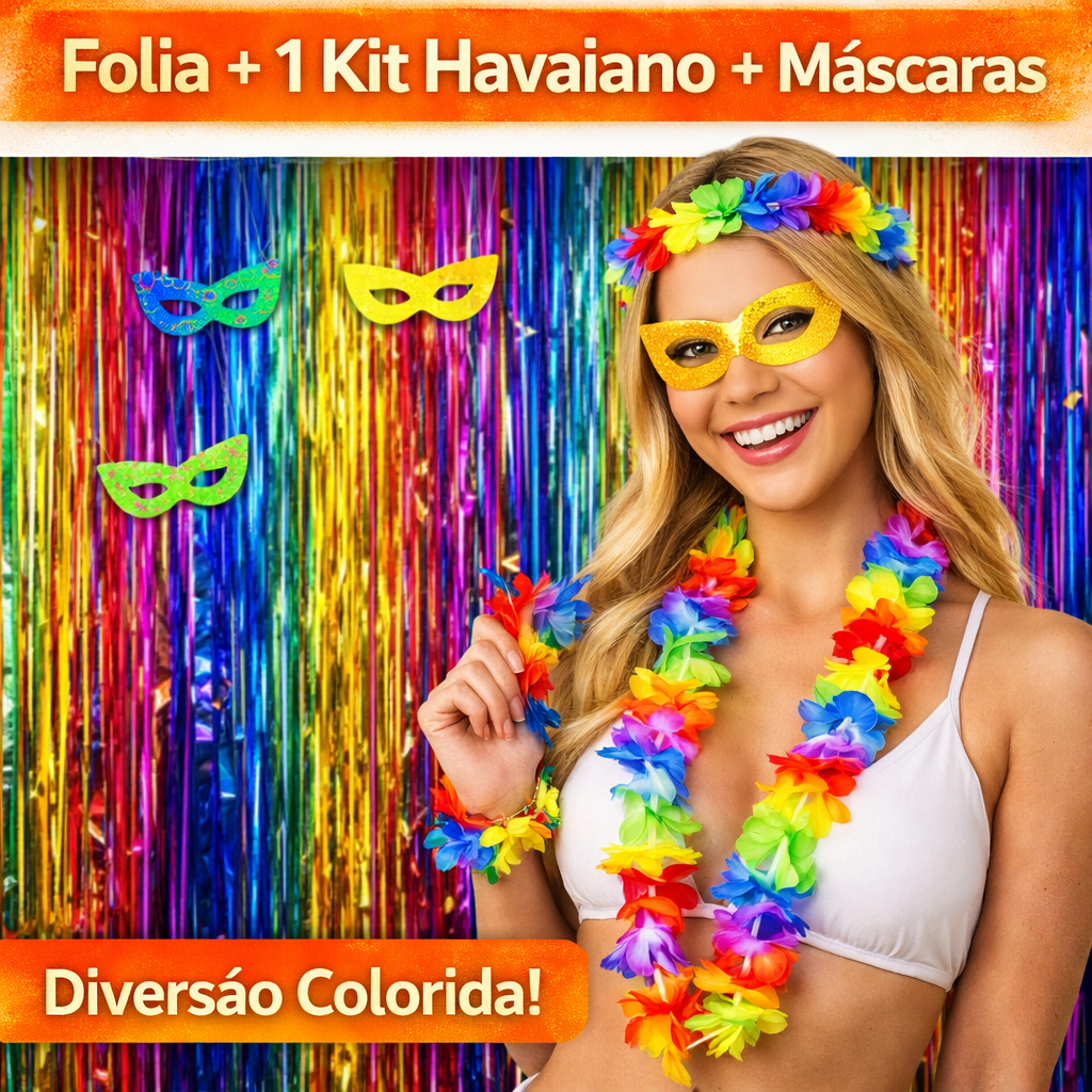Kit Festa Havaiana Cortina Folia Holografica + Kit Havaiano (Colar,Pulseira e Coroa)+Máscara Cores