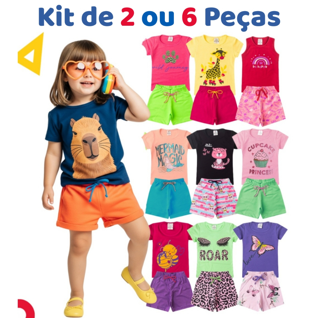 Kit de 2 ou 6 Peças de Roupa Infantil Menina Verão Conjunto Feminino Criança Envio Rápido
