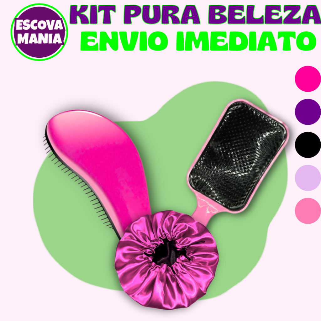 Kit Pura Beleza - 3 ITENS _ 1 Escova Magica + 1 Escova Raquete + Toca De Cetim Dupla Face + Anti Frizz - De Desembaraçar