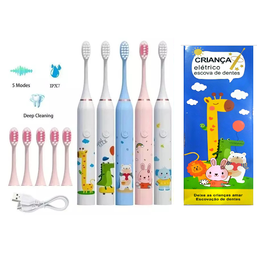 Escova Elétrica Infantil dental macia de dente Bateria Recarregável com 04 Cabeças Escovas Vibratória