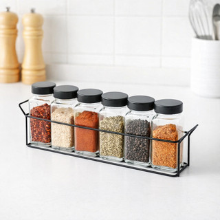 Porta Tempero com 6 Potes de Vidro – Organizador de Cozinha com Suporte em Metal