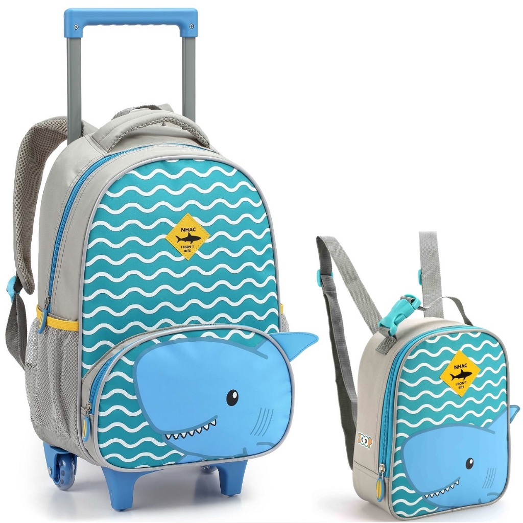 Kit Mochila Bolsa Escolar Infantil Creche Menino Tubarão Bichinhos com Rodinha Lancheira Seanite KT43175 MR43175 LA43176