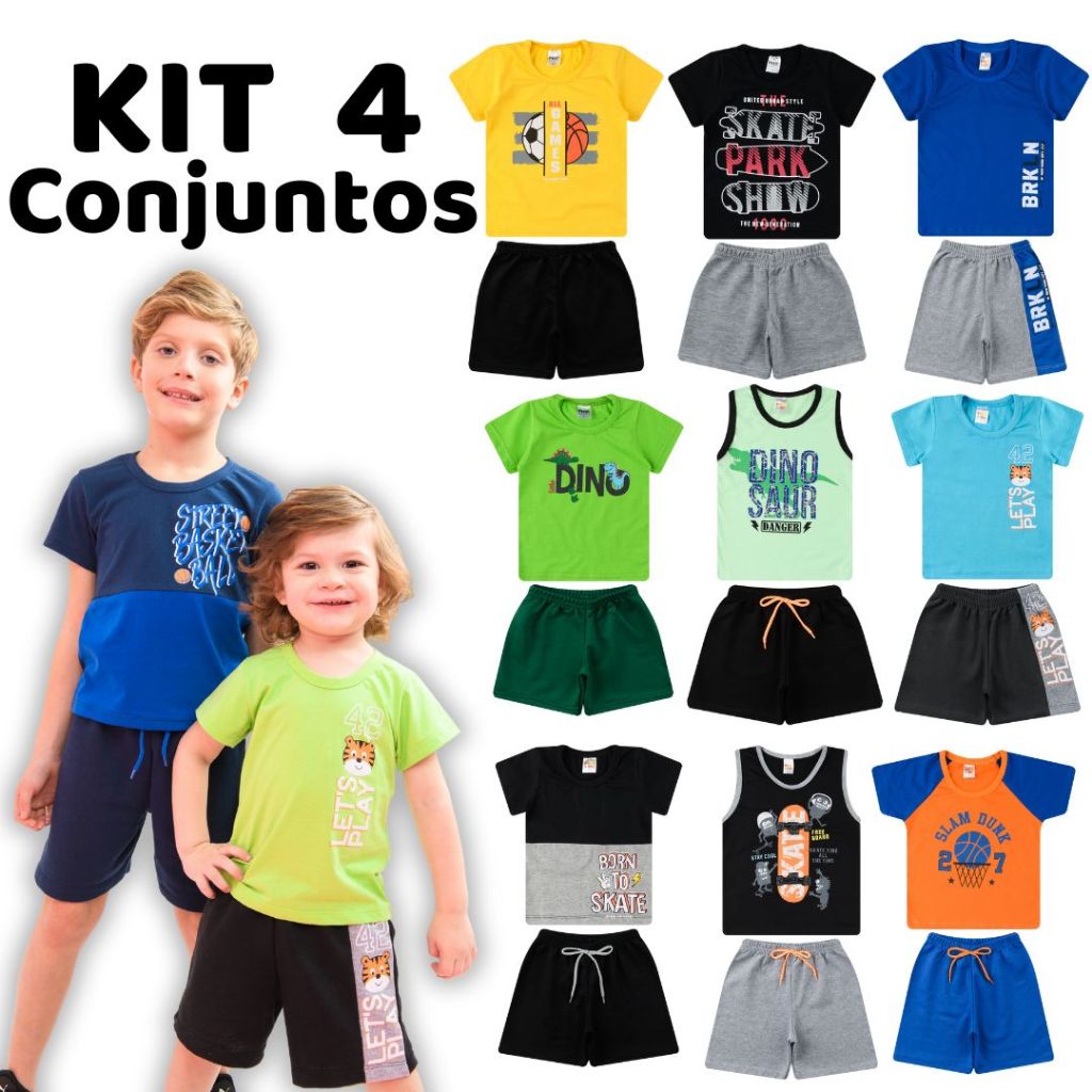 Kit 4 Conjuntos Sortidos Masculino Bebê Infantil - Camiseta Manga Curta + Bermuda Menino Verão