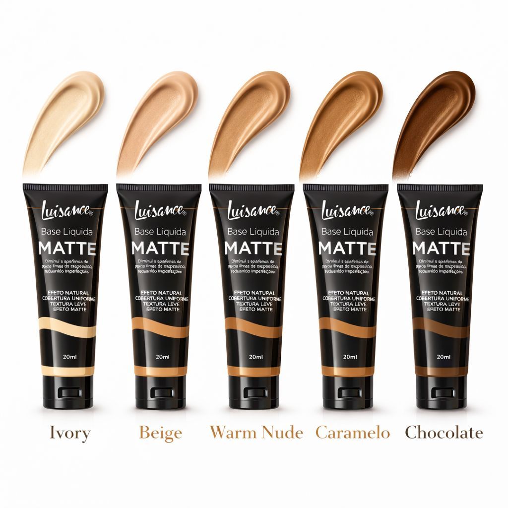 Base Líquida Matte Luisance 30ml | Base Facial Maquiagem | Cobertura Uniforme | Tons Claro ao escuro
