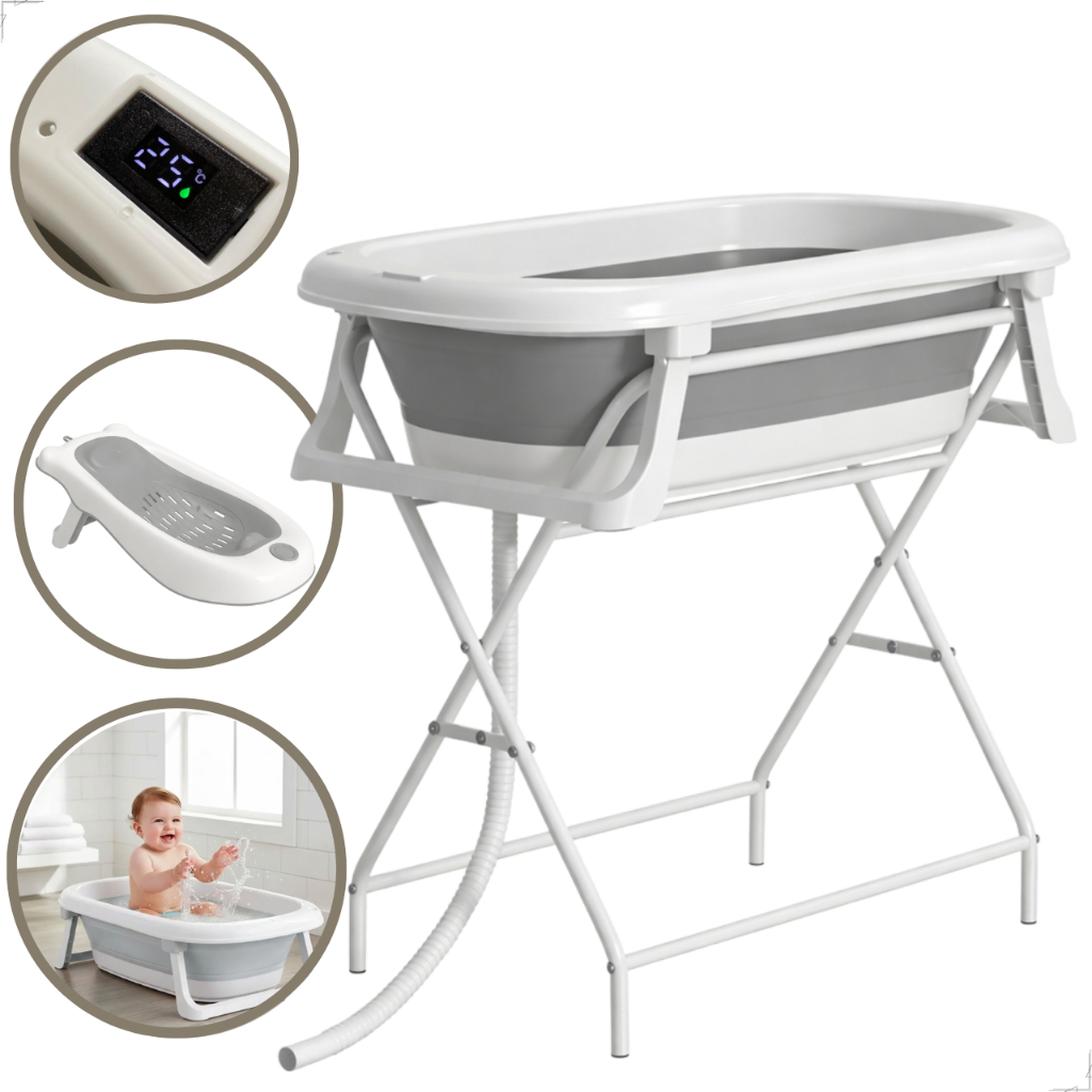 Banheira Para Bebê Dobrável 2 Em 1 Com Suporte E Termômetro Retrátil Segura Compacta em Oferta na Shopee