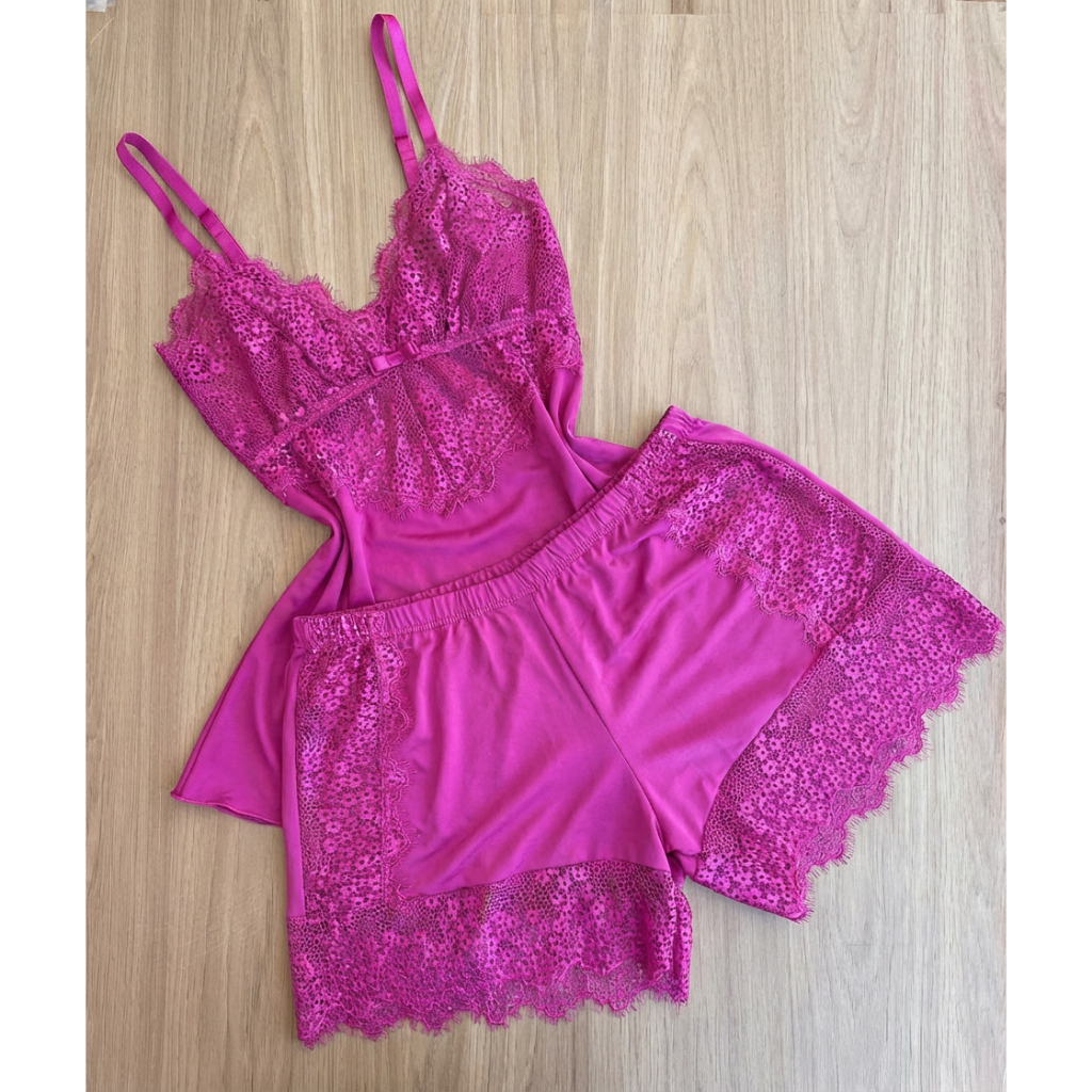 Baby Doll Feminino Gravatinha Rosa Fúcsia Short Doll Renda Bicolor Conjunto Pijama Sexy Confortável Roupa de Dormir