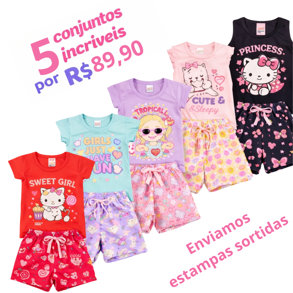 Kit Conjunto Infantil Menina Camiseta e Short com Estampas e Cores Sortidas até 10 Peças em Oferta na Shopee