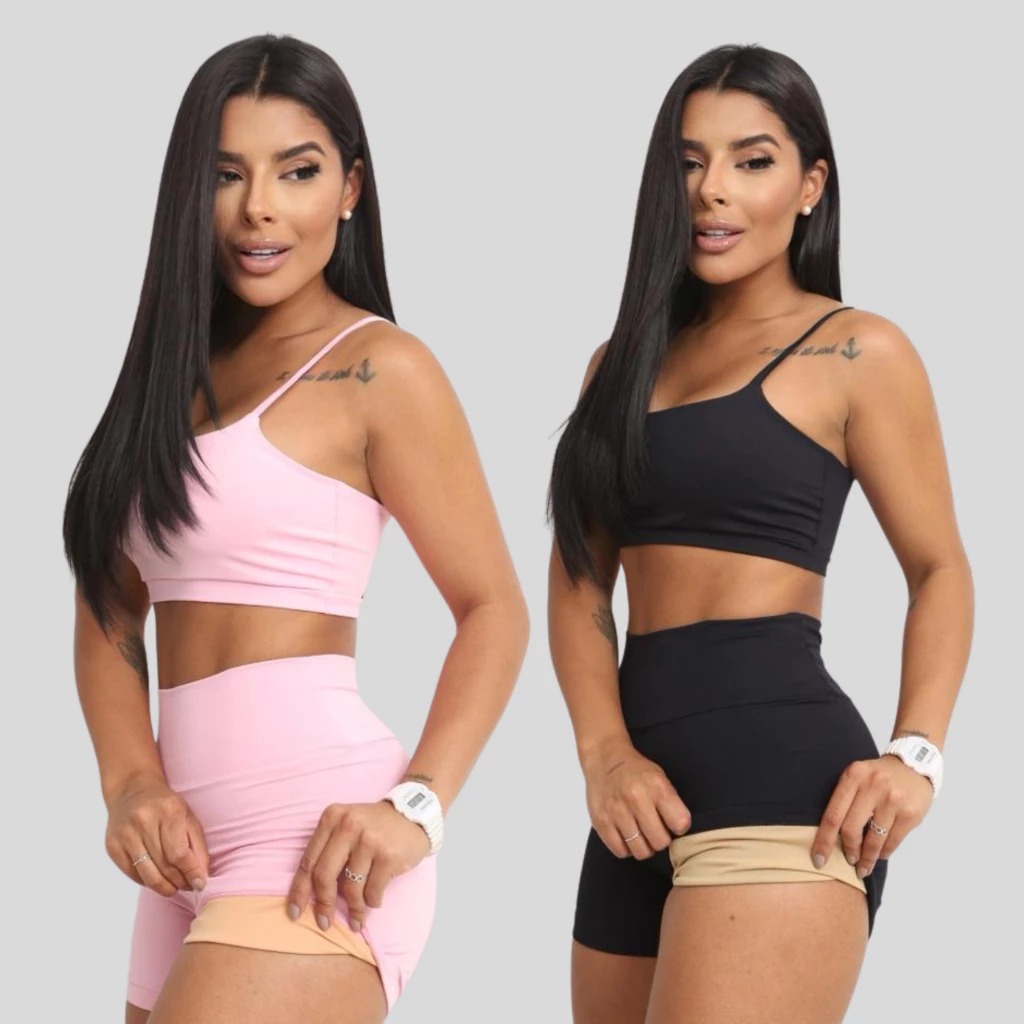 Conjunto Academia Short e Top Duplo Poliamida Corrida Roupa de Treino Feminina Zero Transparência
