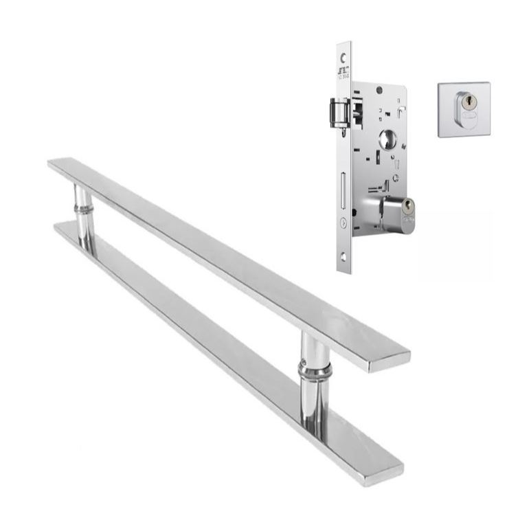 Kit Pivotante Puxador 60cm Barra Chata Brilhante Inox + Fechadura Rolete Stam em Oferta na Shopee
