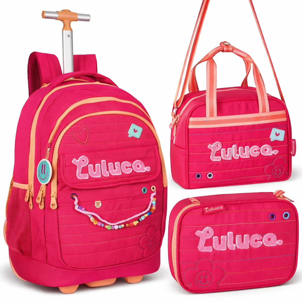 Kit Mochila de Rodinhas Luluca Infantil Escolar com Lancheira Térmica Estojo Espaçoso Clio