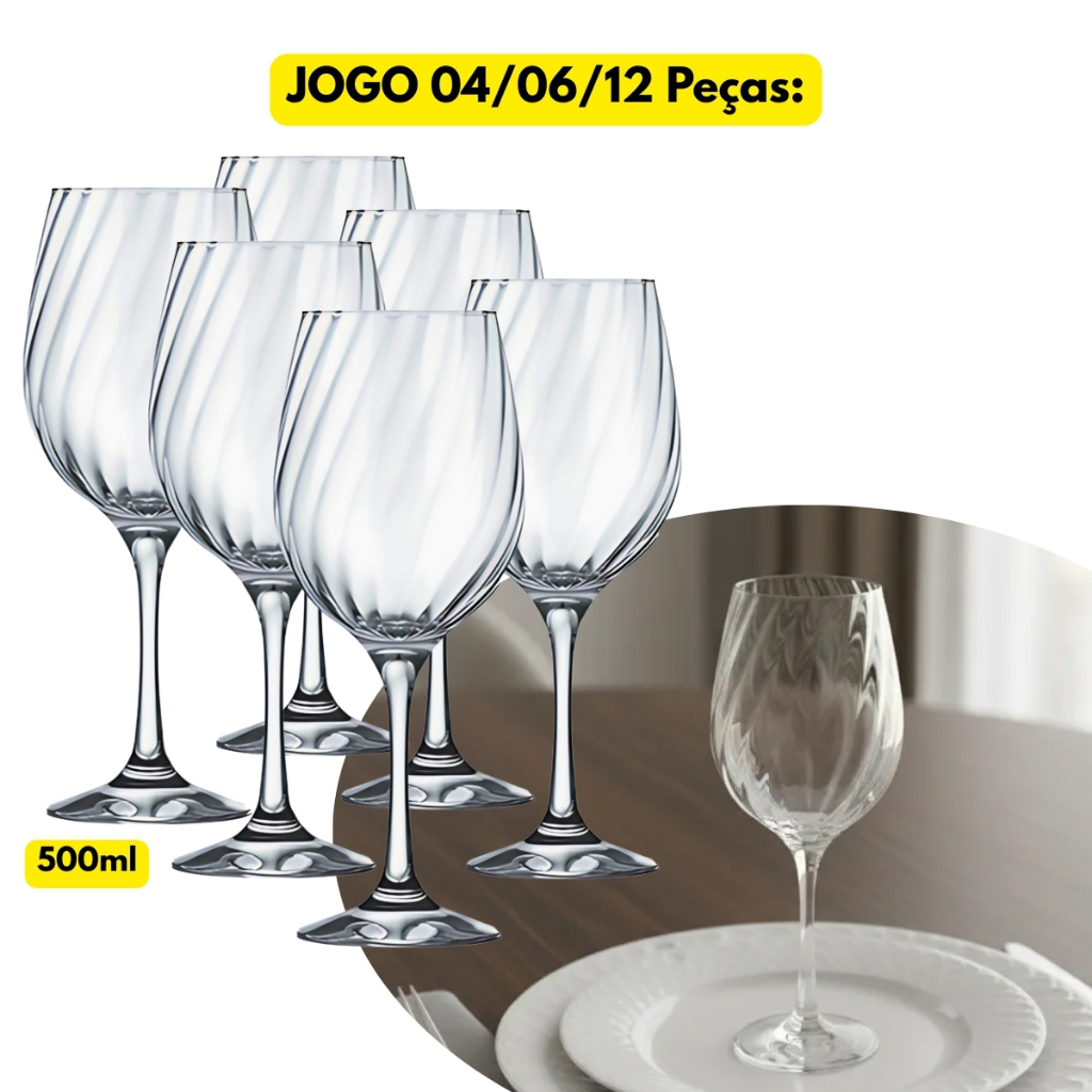 Jogo Kit 04/06/12 Taças Vidro Vinho Ravena 500ML Canelada Servir Restaurante Hotel Resort Cristal