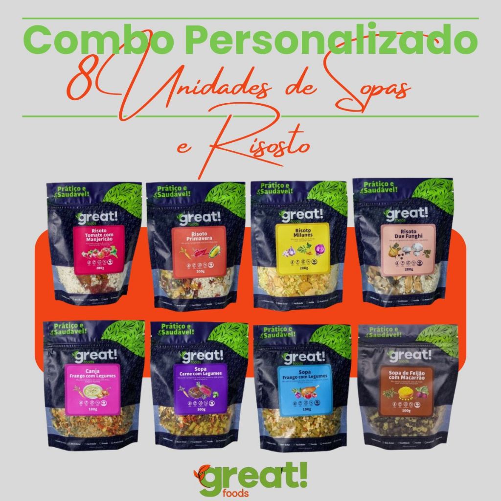 Combo Personalizado 8 unidades – Sopas e Risotos Naturais Sem Glúten e Sem Lactose Escolha Seu Sabor