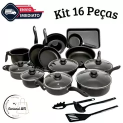 Conjunto de Panelas 16 Peças Preto Antiaderente com Teflon e Tampas de Vidro – Diversas Cores