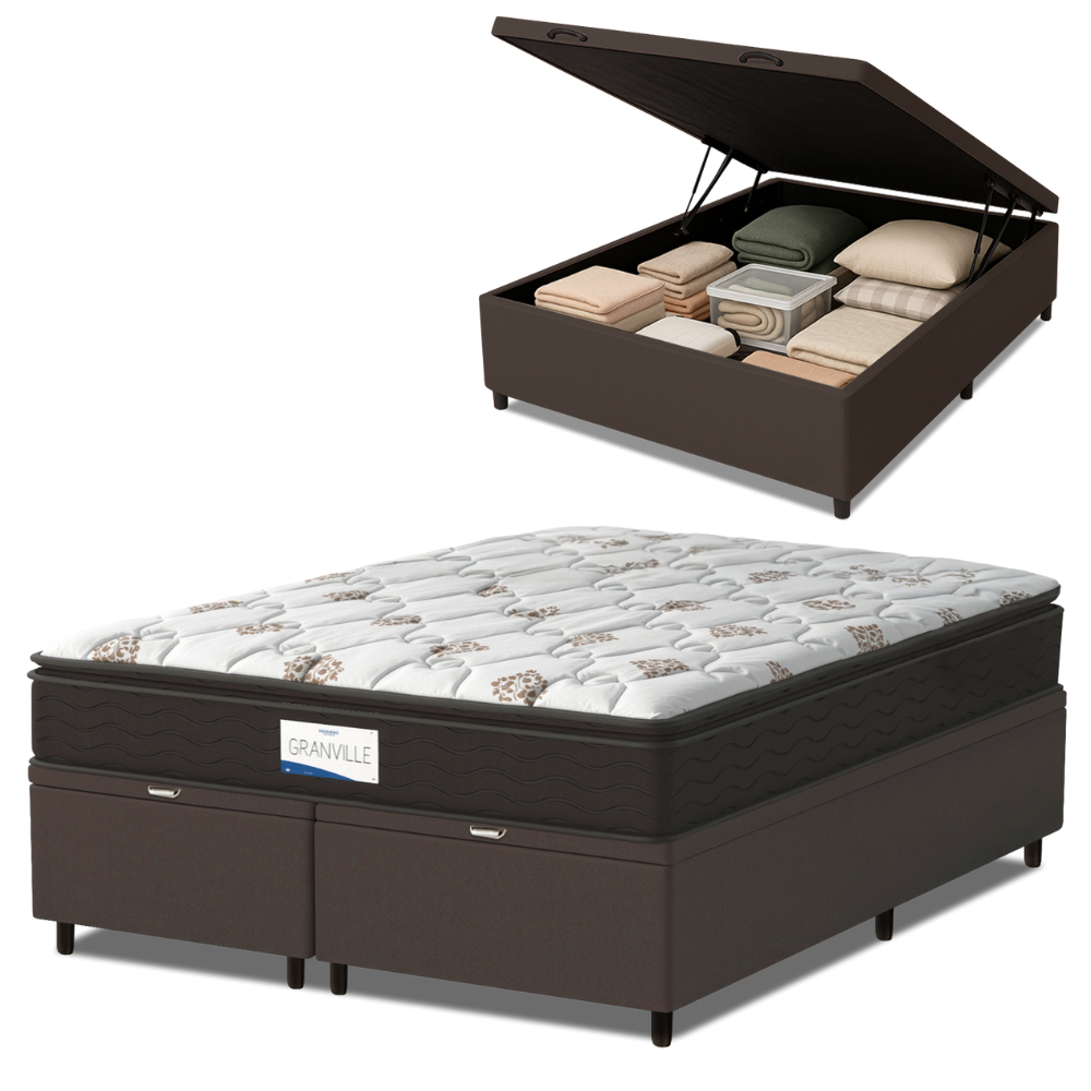 Cama Box Baú Colchão Casal Queen Probel Molas Ensacadas Granville Pillow 158x198x69cm Marrom/Branco em Oferta na Shopee