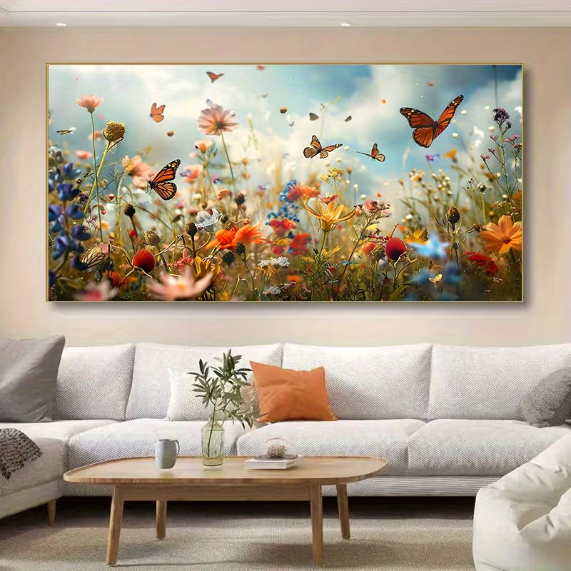 Quadro Decorativo Campo Florido e Borboletas Coloridas a Voar Minimalista 110x70 Decoração Casa