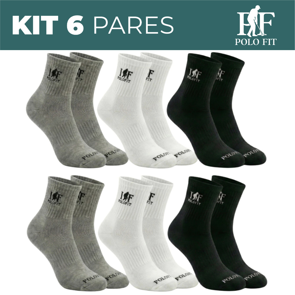 Kit 6 Pares Meias Cano Medio Alto Atoalhada Esportiva Corrida Academia Unissex Polo Fit