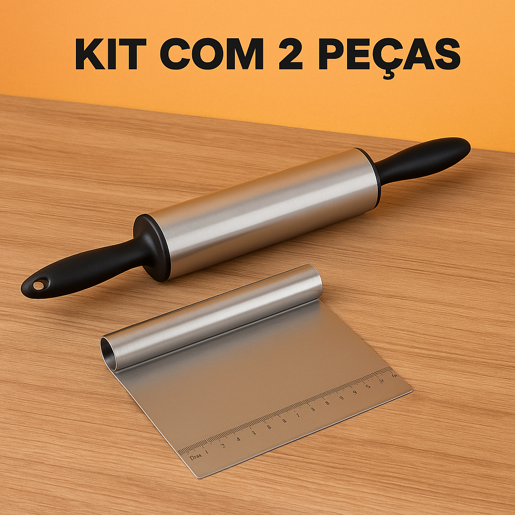 Kit Rolo de massa inox giratório + Espátula profissional tubular confeitaria pão pizza Macarrão