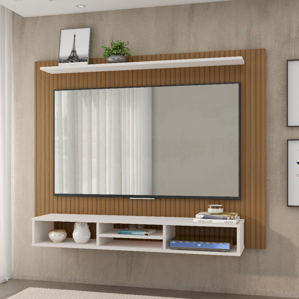Painel Ripado Para TV até 50 55 60 Polegadas com Nicho Espaçoso e Prateleira Ideal para Sala Estante