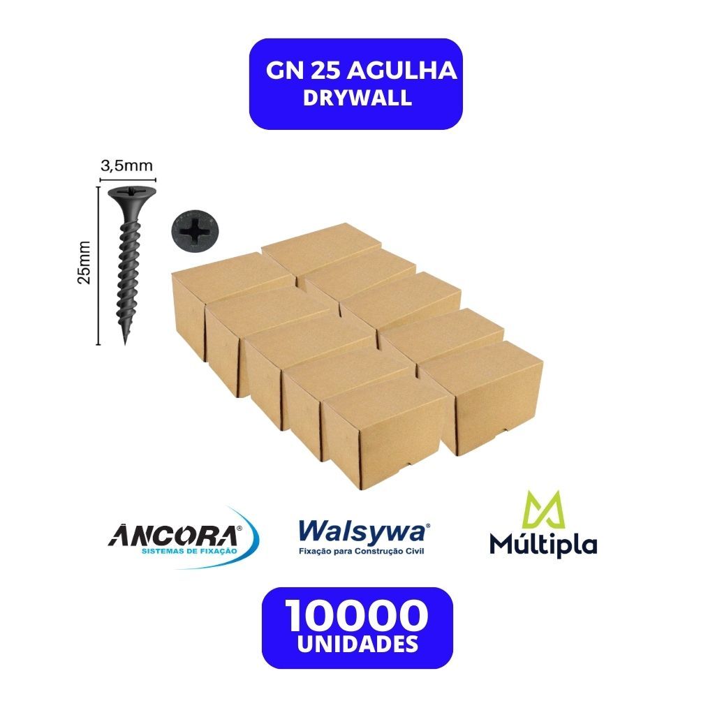Kit Parafuso Drywall 3,5x25 10 Mil Unidades Ponta Agulha Cabeça Trombeta Profissional