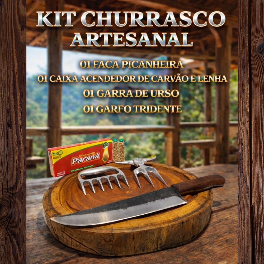 Kit de Churrasco Artesanal Rústico Completo Pronta Entrega Tabua de Tora Garra de Urso Garfo Tridente e Acendedor Carvão