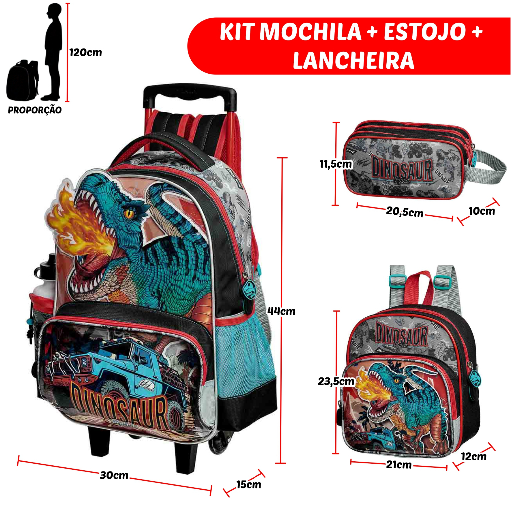 KIT Mochila de Rodinha Lancheira Estojo Infantil Menino Escolar Resistente Dinossauro Masculino