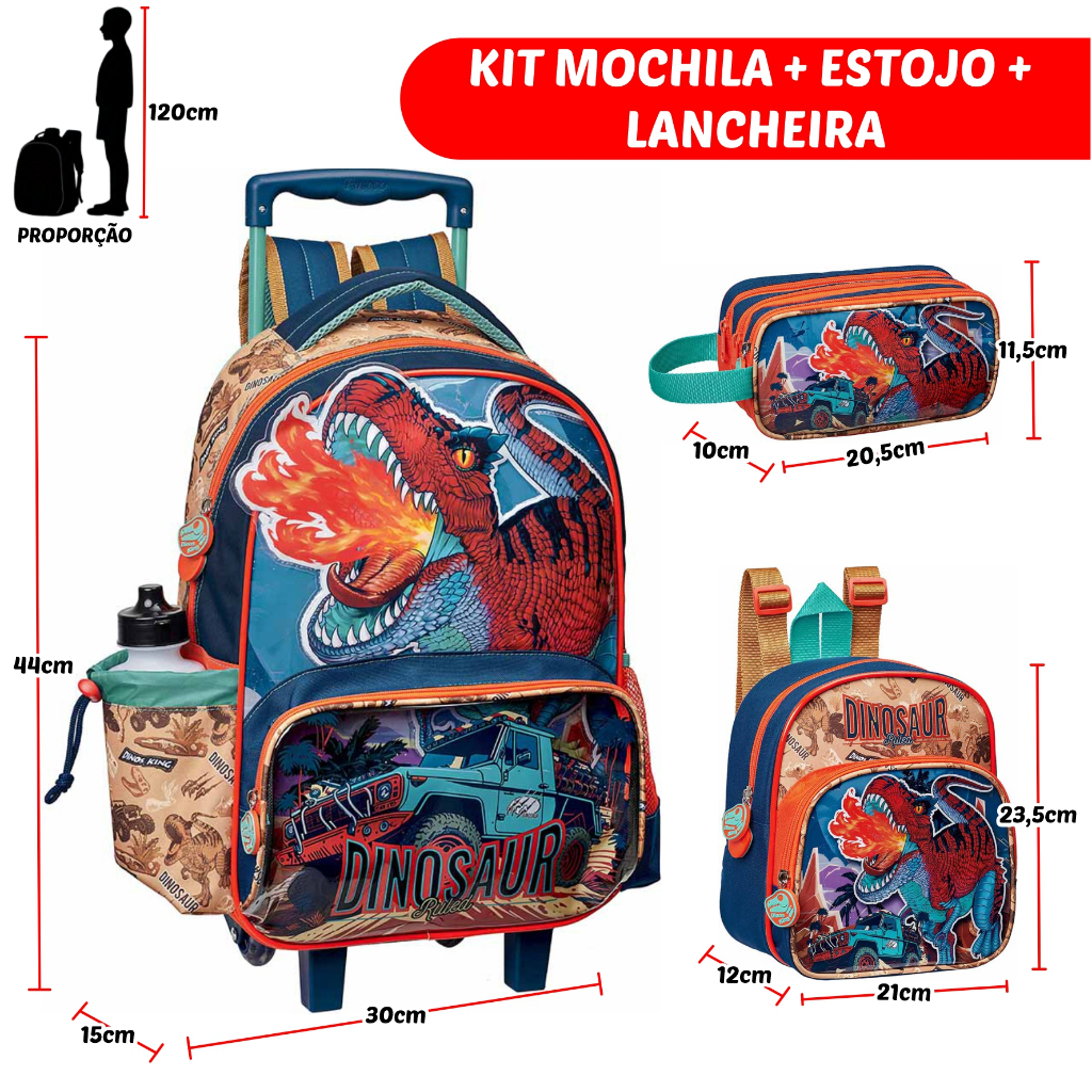 KIT Mochila de Rodinha Lancheira Estojo Infantil Menino Escolar Resistente Dinossauro Masculino