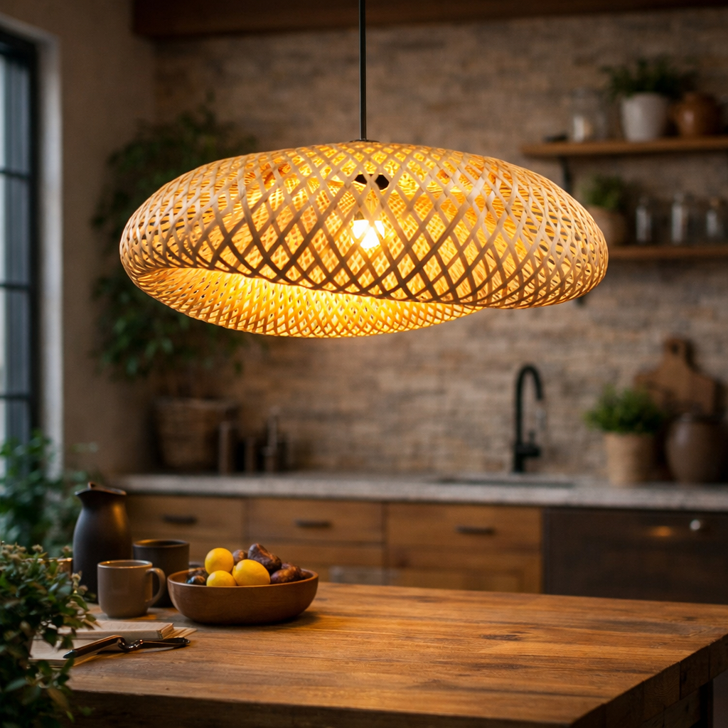 Pendente Madeira Led Rústico Lustre Mesa Sala Palha Teto Bambu Pendente Natural 3000k